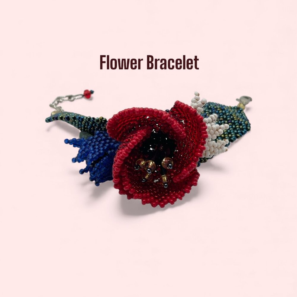 Beaded Bracelet Red Flower Design Lobster Clasp 5”
